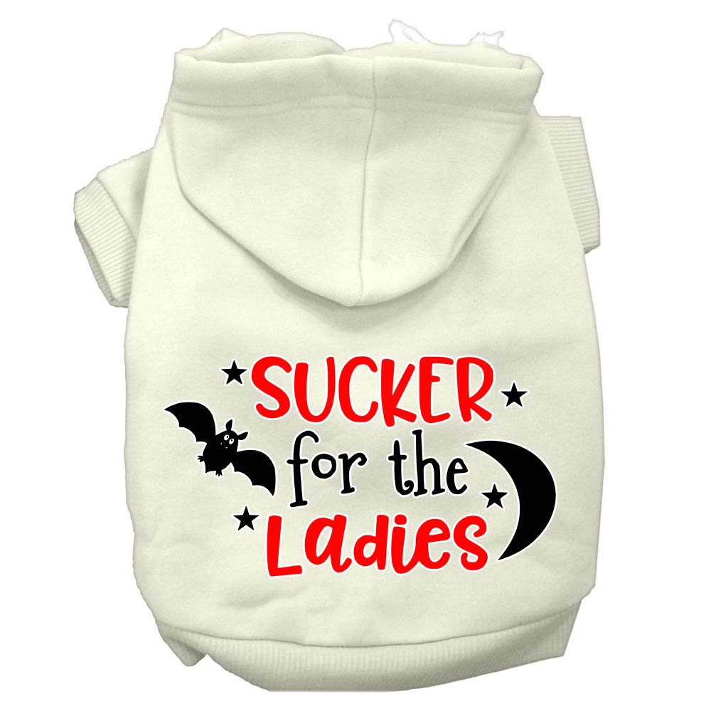Cream pet hoodie with front hood and “SUCKER for the Ladies” graphic print