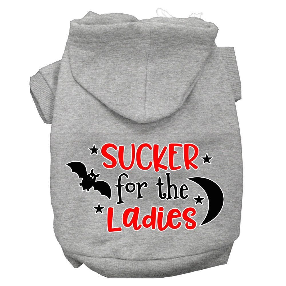 Gray pet hoodie with front hood and “SUCKER for the Ladies” graphic print