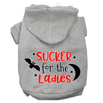 Gray pet hoodie with front hood and “SUCKER for the Ladies” graphic print