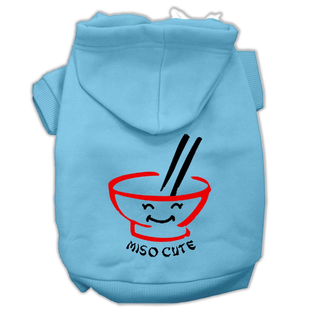 Light blue pet hoodie with hood and front ramen graphic with Miso Cute text