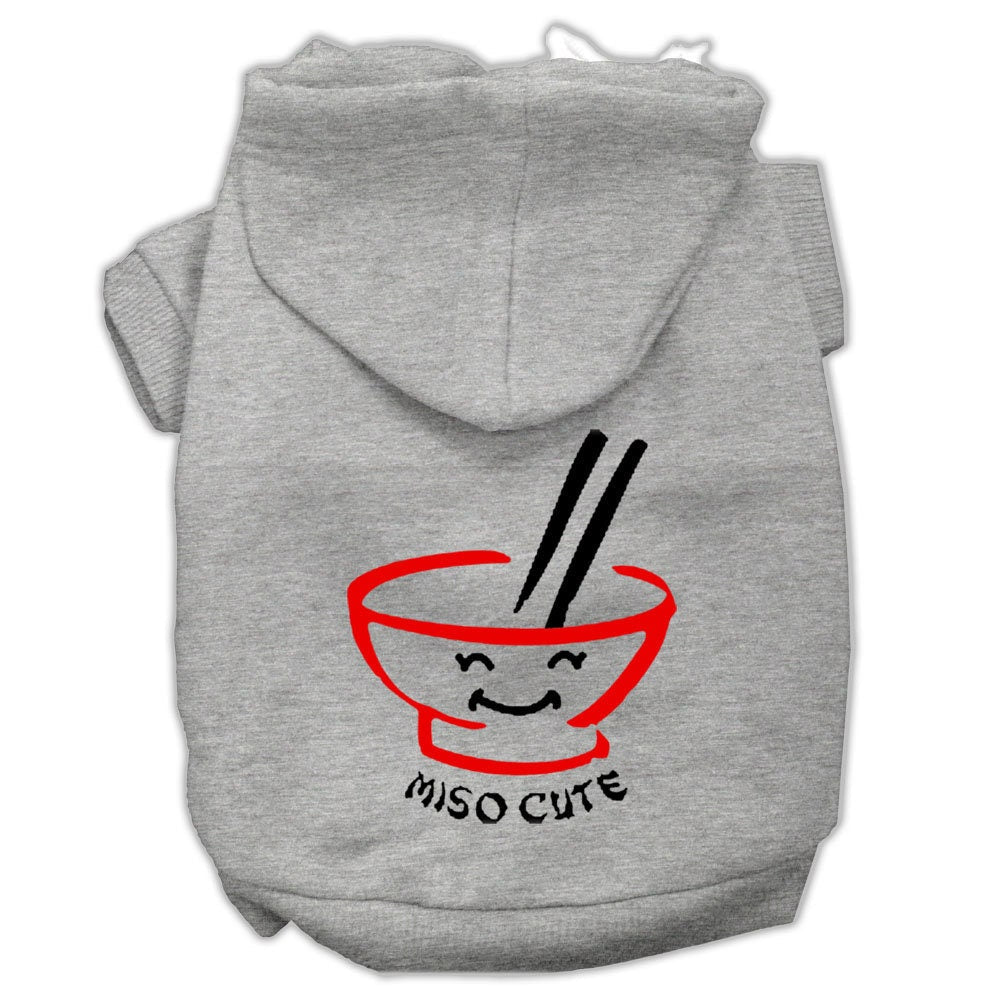 Gray pet hoodie with hood and front ramen graphic with Miso Cute text