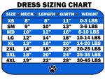 Dress sizing chart showing size, neck, length, girth, and weight ranges