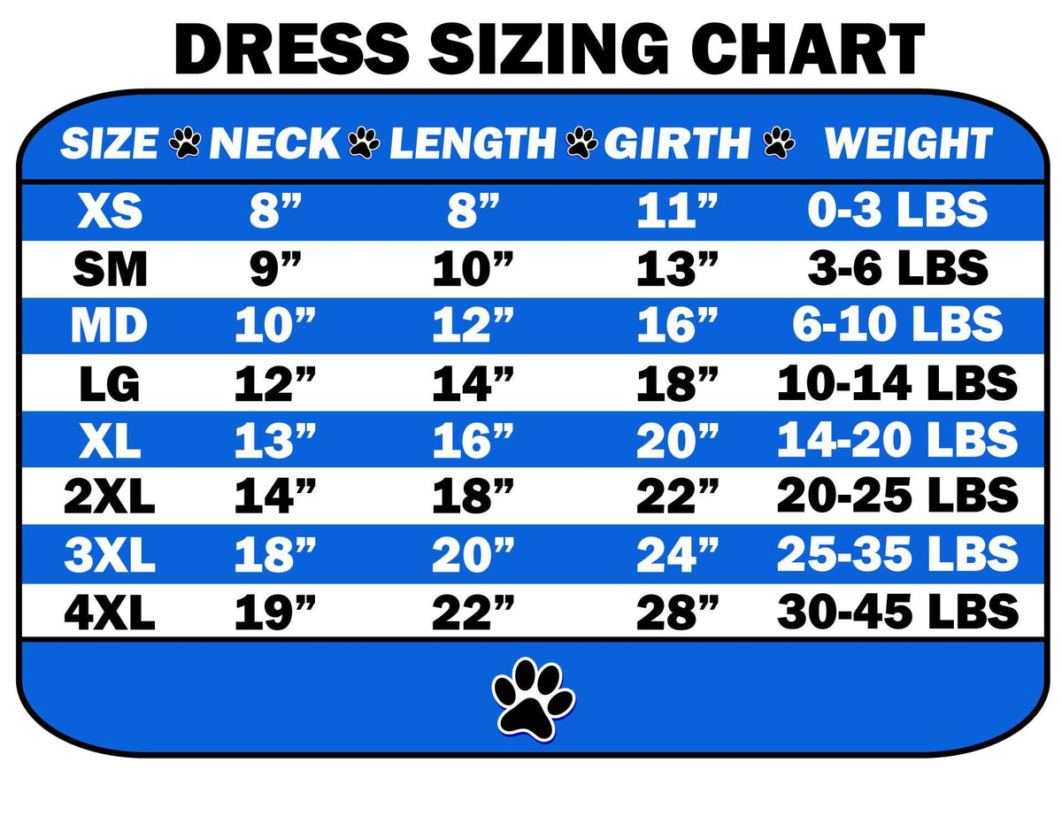 Dress sizing chart showing size, neck, length, girth, and weight ranges