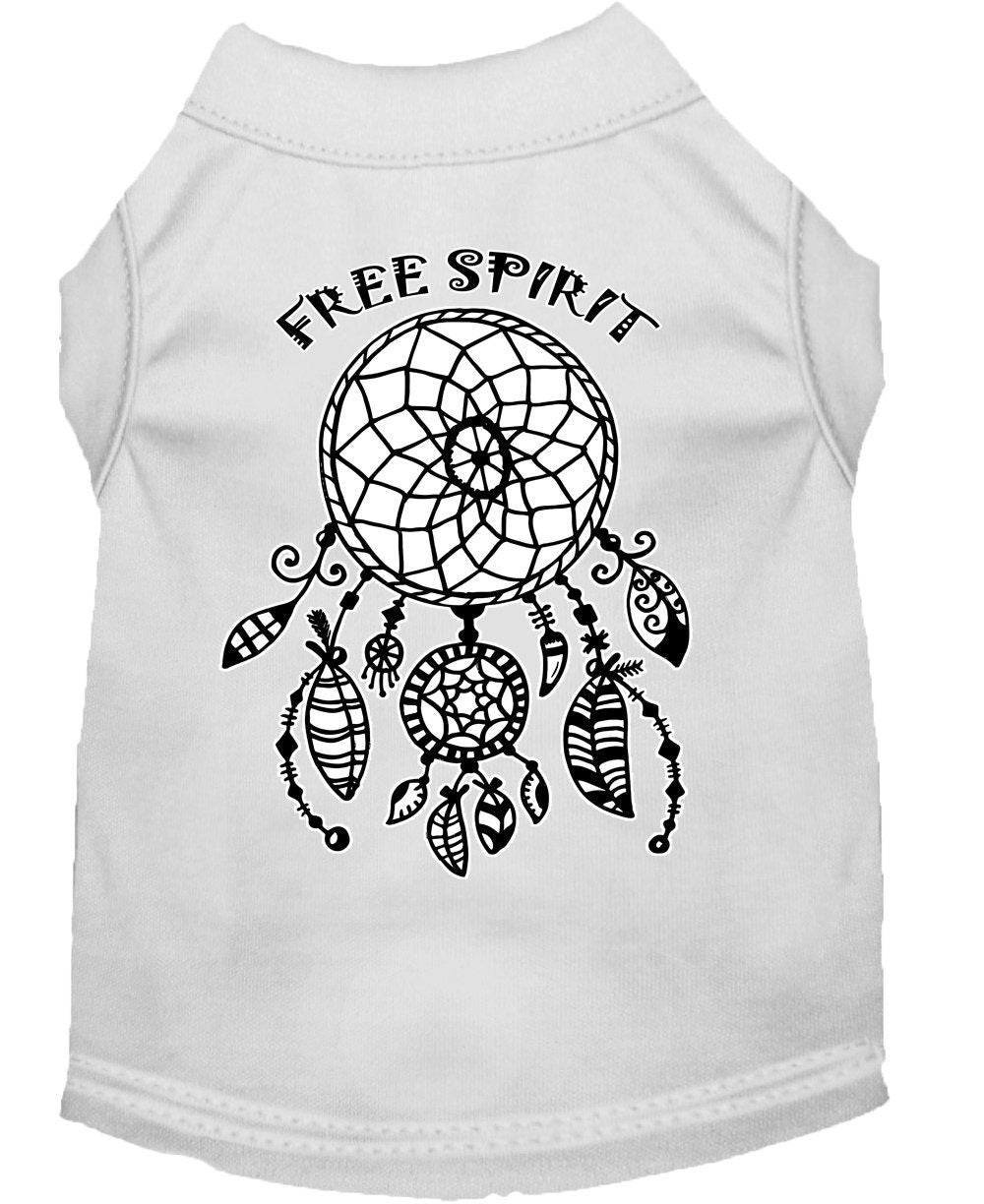 White sleeveless pet shirt with Free Spirit dreamcatcher graphic on the back
