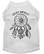 White sleeveless pet shirt with Free Spirit dreamcatcher graphic on the back