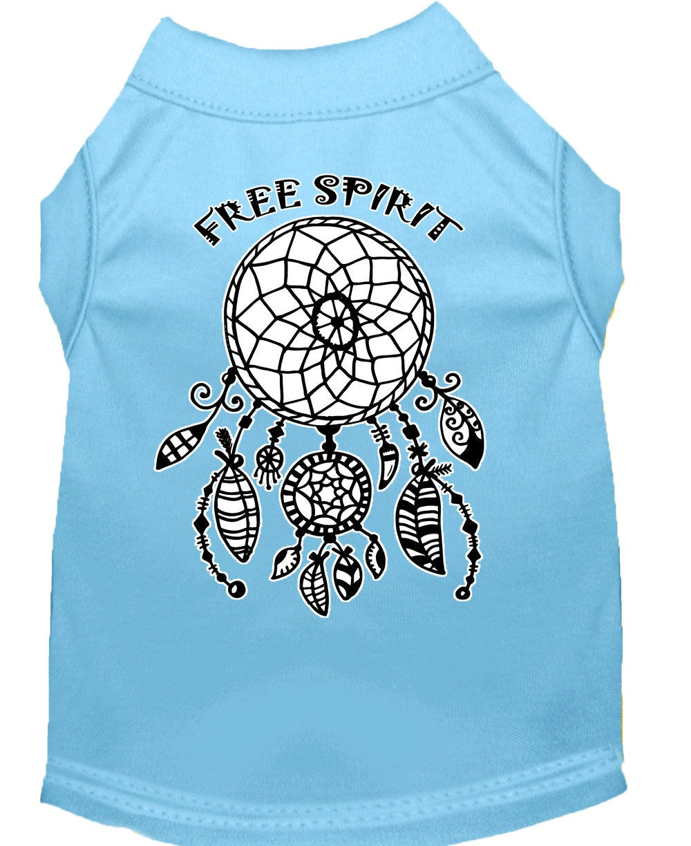 Light blue sleeveless pet shirt with Free Spirit dreamcatcher graphic on the back