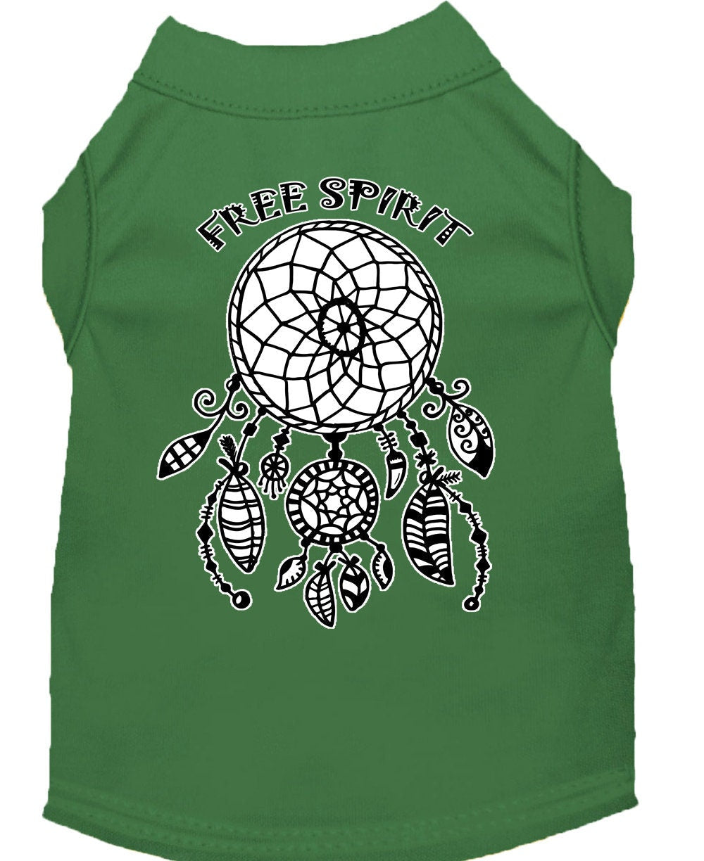 Green sleeveless pet shirt with Free Spirit dreamcatcher graphic on the back