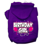 Purple pet hoodie with hood and “Birthday Girl” printed graphic