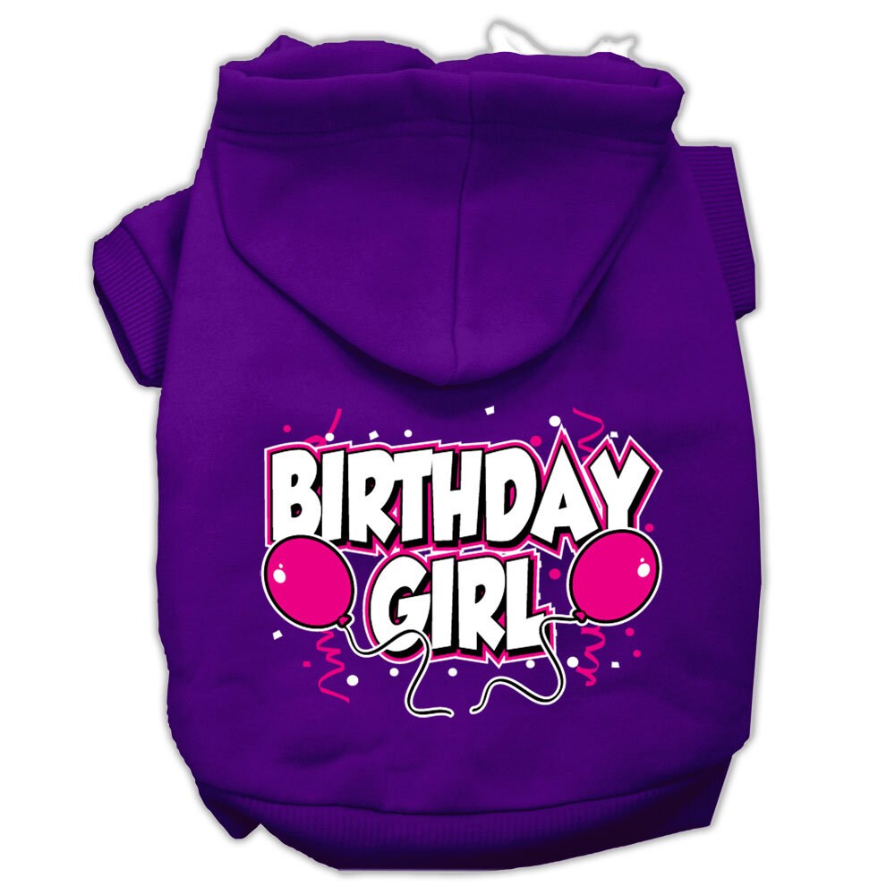 Purple pet hoodie with hood and “Birthday Girl” printed graphic