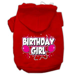 Red pet hoodie with hood and “Birthday Girl” printed graphic
