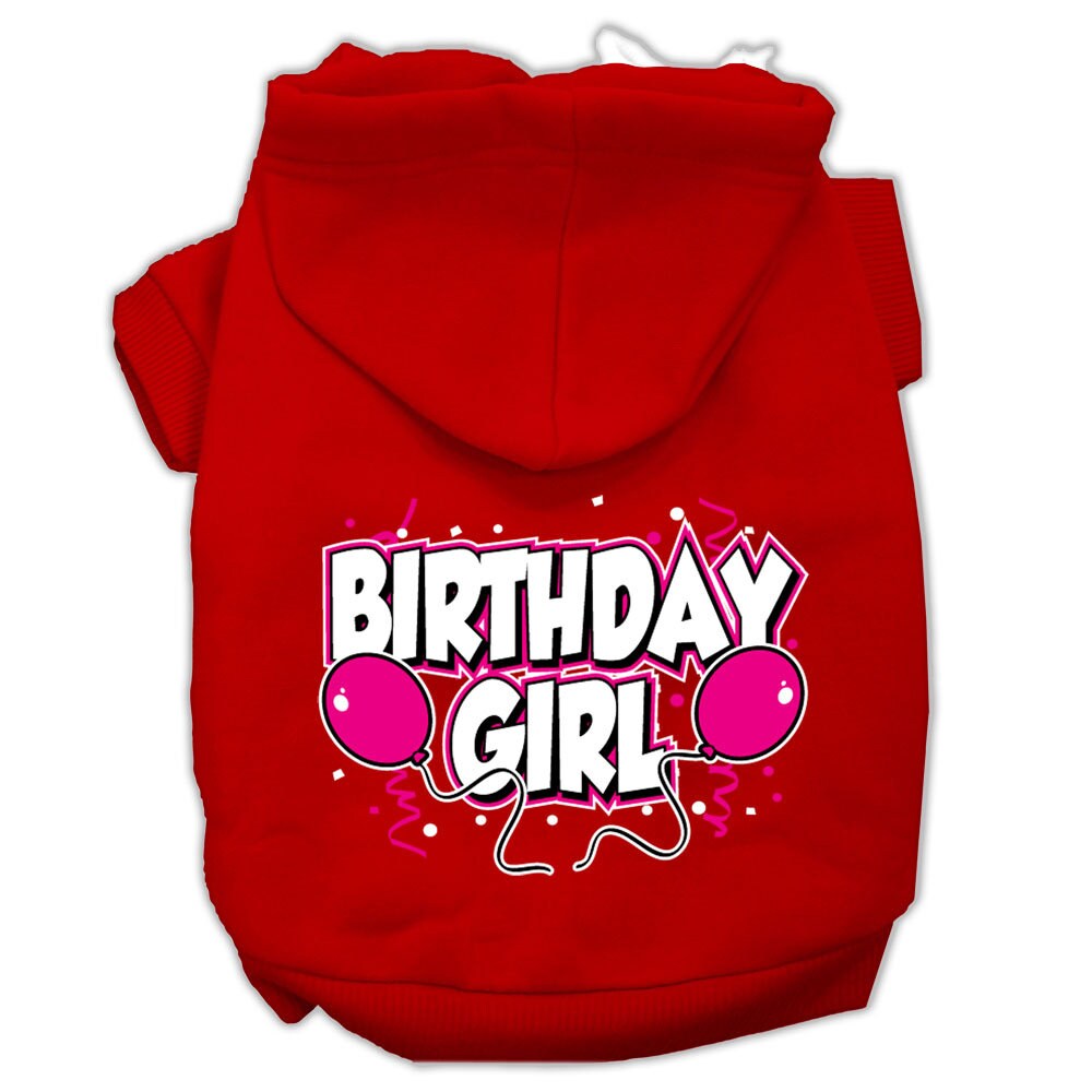 Red pet hoodie with hood and “Birthday Girl” printed graphic