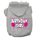 Gray pet hoodie with hood and “Birthday Girl” printed graphic