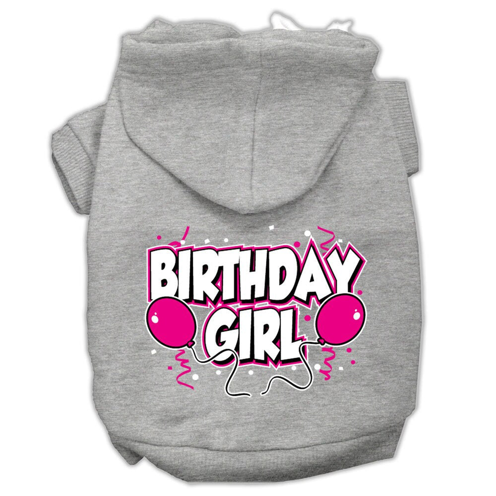 Gray pet hoodie with hood and “Birthday Girl” printed graphic