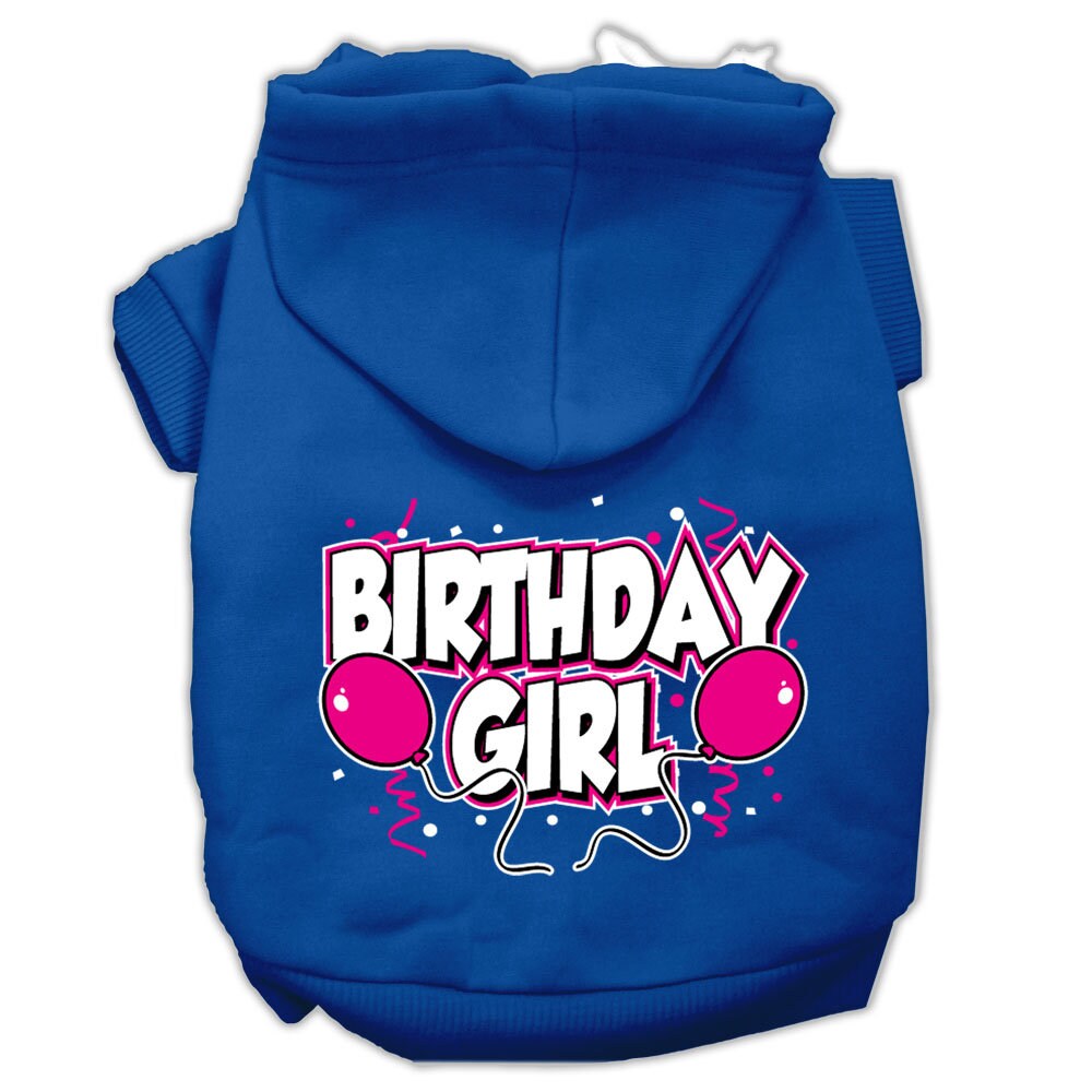Blue pet hoodie with hood and “Birthday Girl” printed graphic
