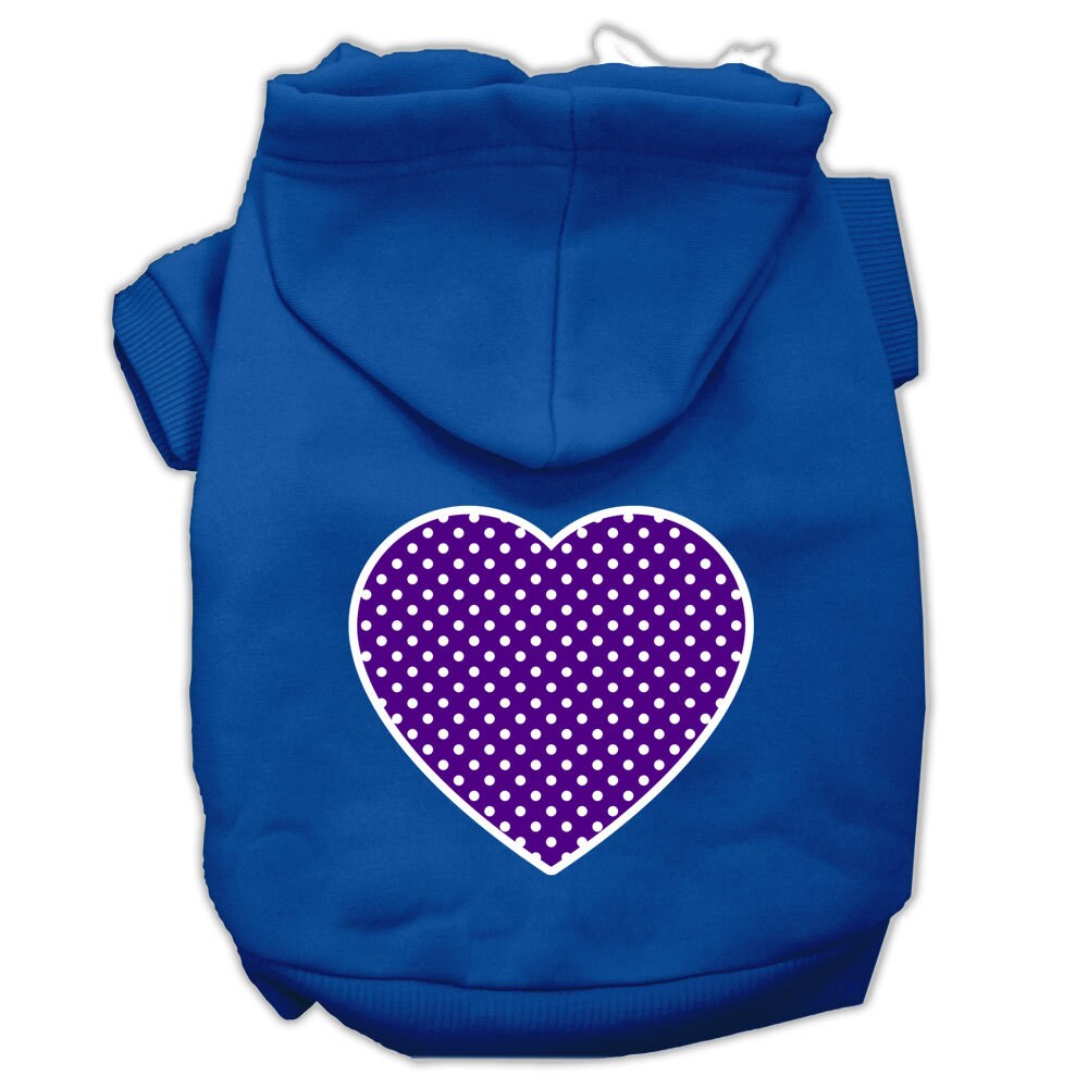 Blue pet hoodie with purple dotted heart graphic on the back