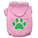Light pink pet hoodie with green polka-dot paw print on back and hood