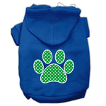 Blue pet hoodie with green polka-dot paw print on back and hood