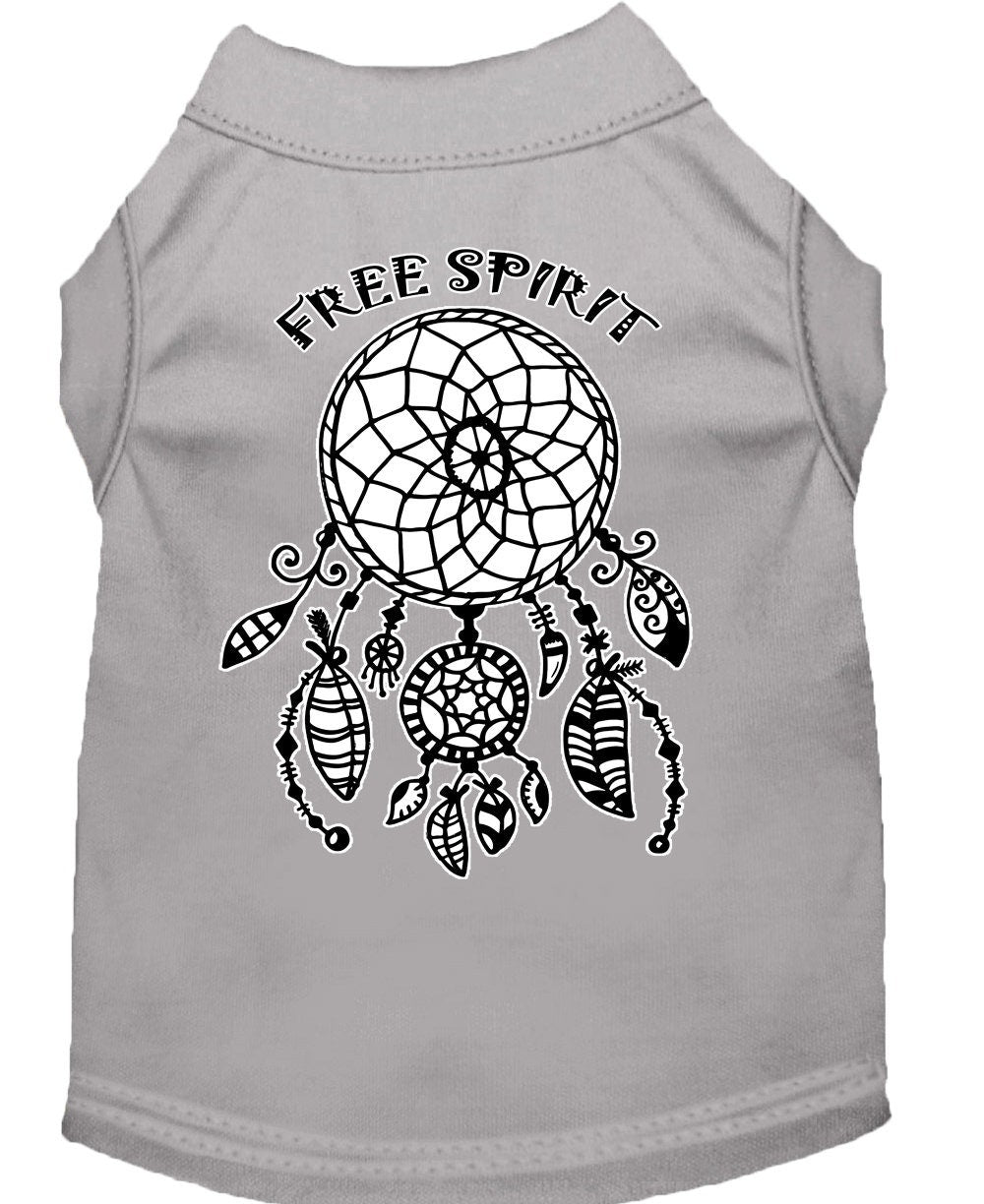 Gray sleeveless pet shirt with Free Spirit dreamcatcher graphic on the back