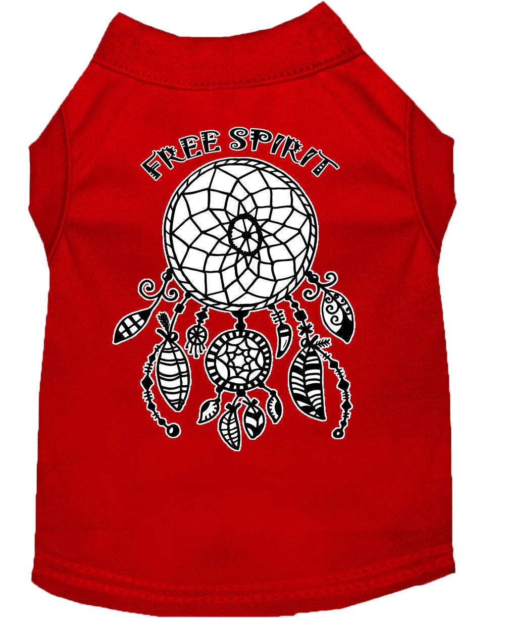 Red sleeveless pet shirt with Free Spirit dreamcatcher graphic on the back