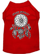 Red sleeveless pet shirt with Free Spirit dreamcatcher graphic on the back