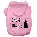 Pet Halloween hoodie with red hood and 'Ghost Hunter' ghost graphic