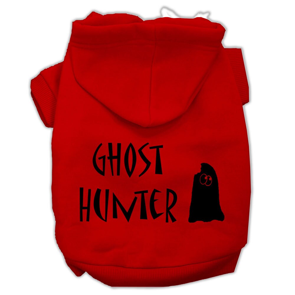 Pet Halloween hoodie with baby blue hood and 'Ghost Hunter' ghost graphic