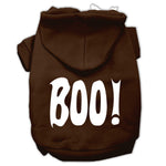 Brown pet hoodie with white 'BOO!' screen print, front pocket, and hood.