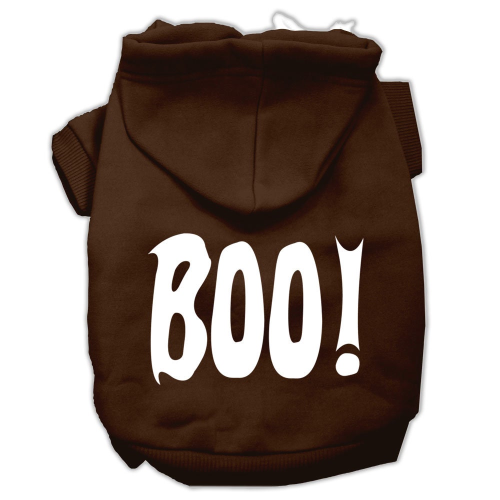 Brown pet hoodie with white 'BOO!' screen print, front pocket, and hood.