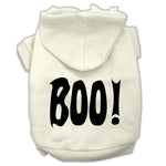Cream pet hoodie with black 'BOO!' screen print, front pocket, and hood.