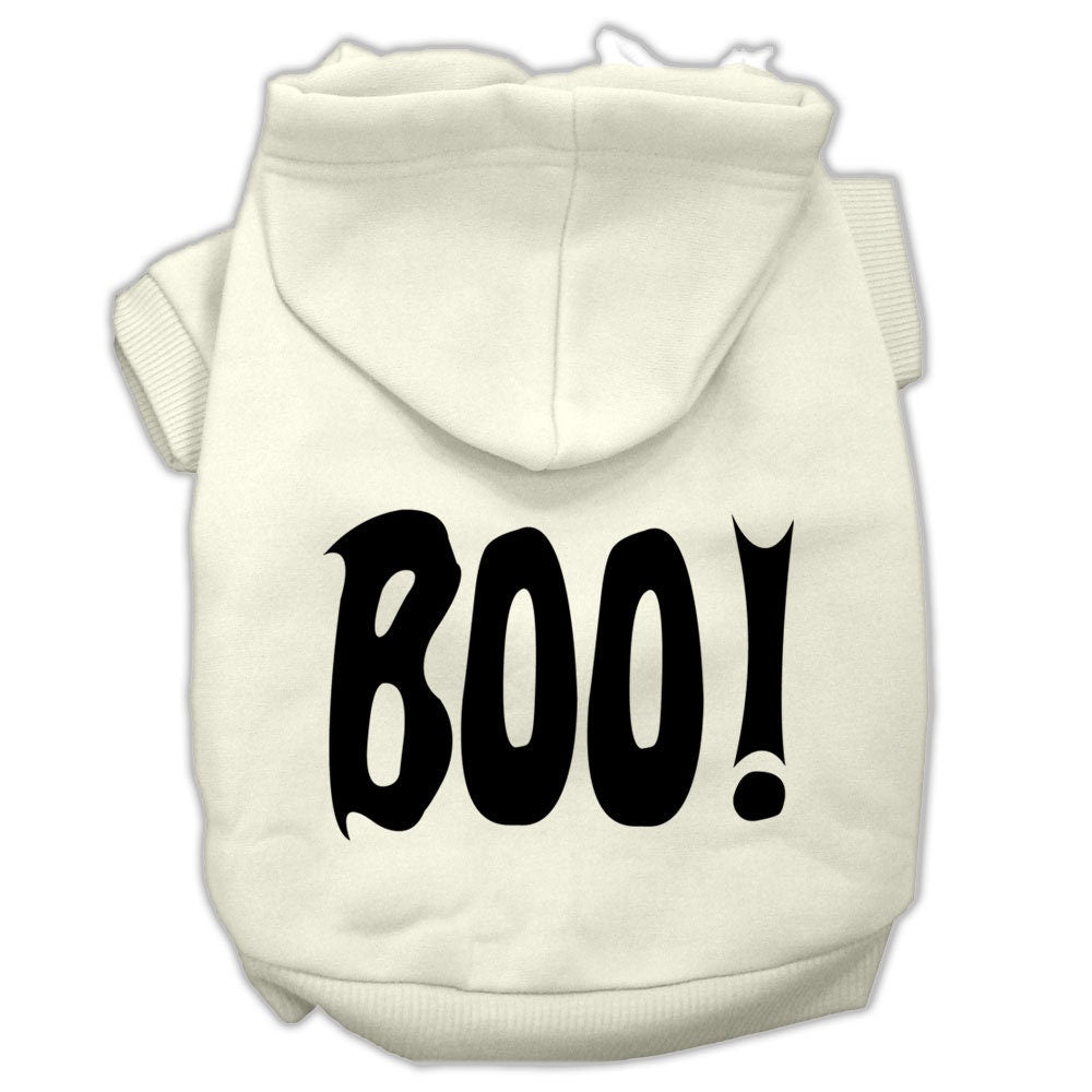 Cream pet hoodie with black 'BOO!' screen print, front pocket, and hood.