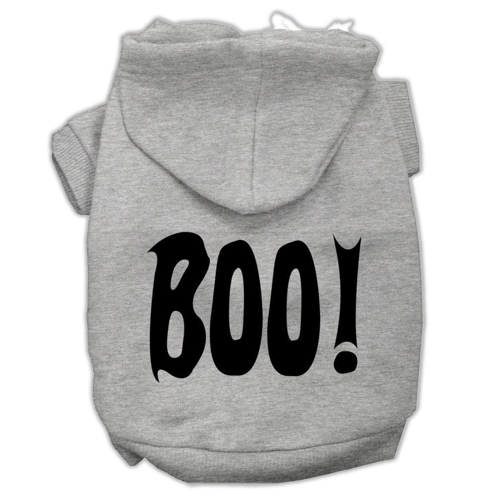 Gray pet hoodie with black 'BOO!' screen print, front pocket, and hood.