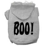 Gray pet hoodie with black 'BOO!' screen print, front pocket, and hood.