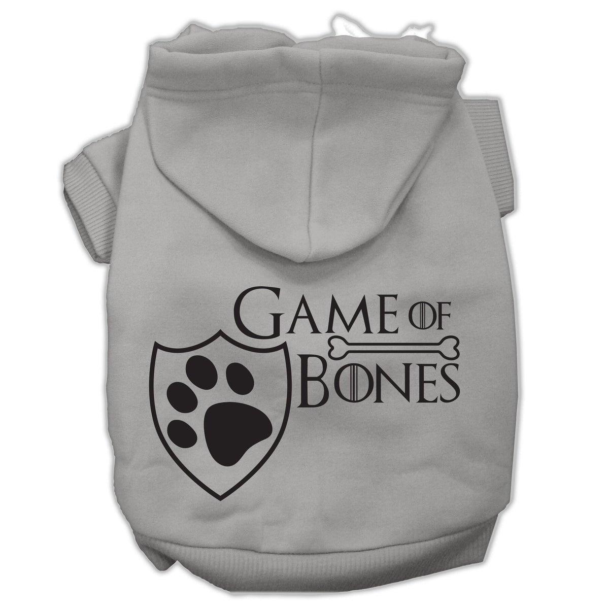 Light gray pet hoodie with Game of Bones paw shield logo graphic on chest.
