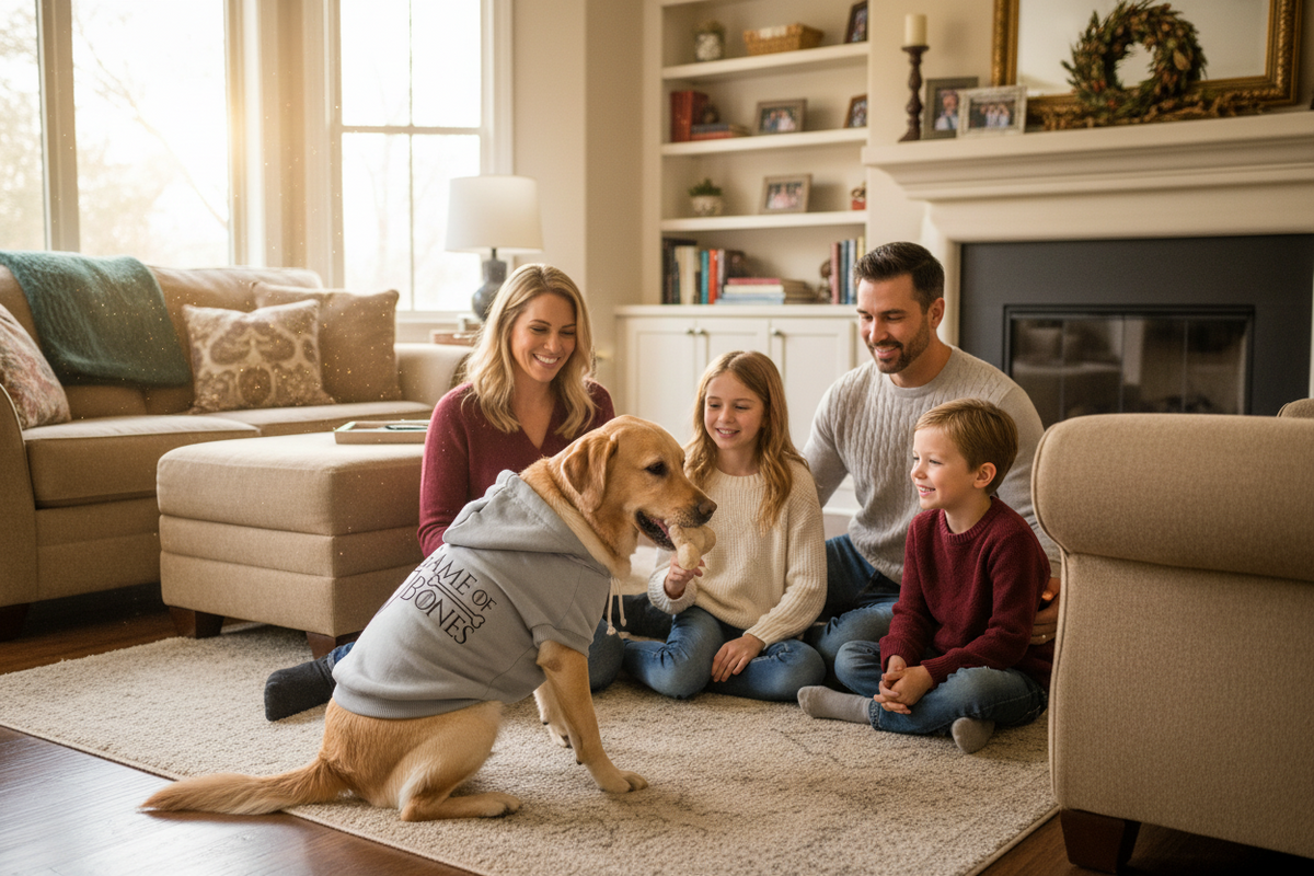 Light gray pet hoodie with hood and white bone print, worn by dog outdoors