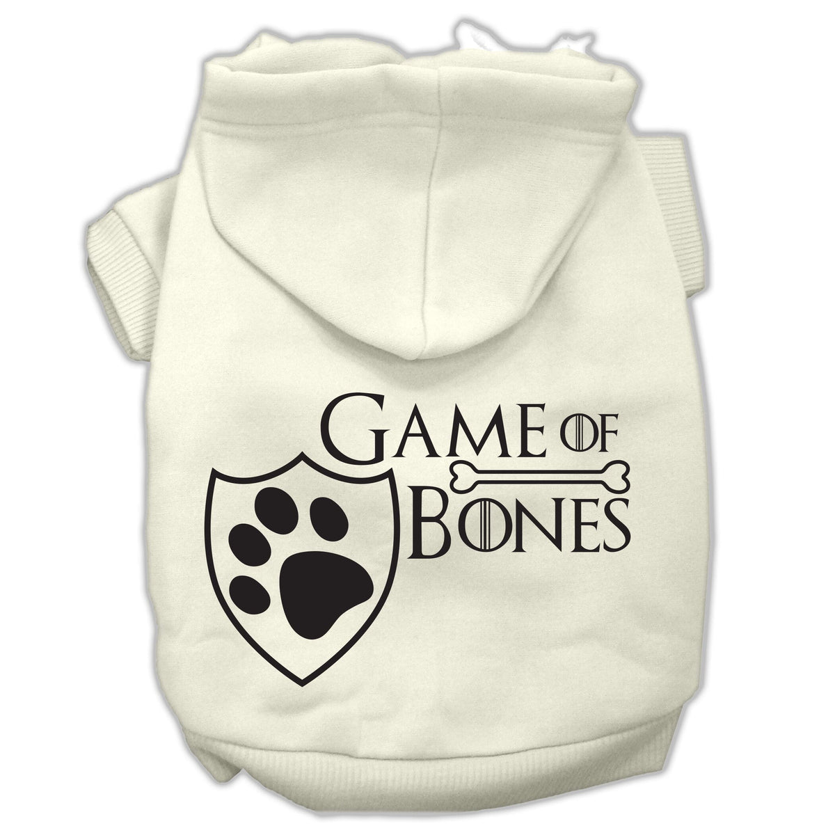 Off-white pet hoodie with Game of Bones paw shield logo graphic on chest.