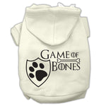 Off-white pet hoodie with Game of Bones paw shield logo graphic on chest.