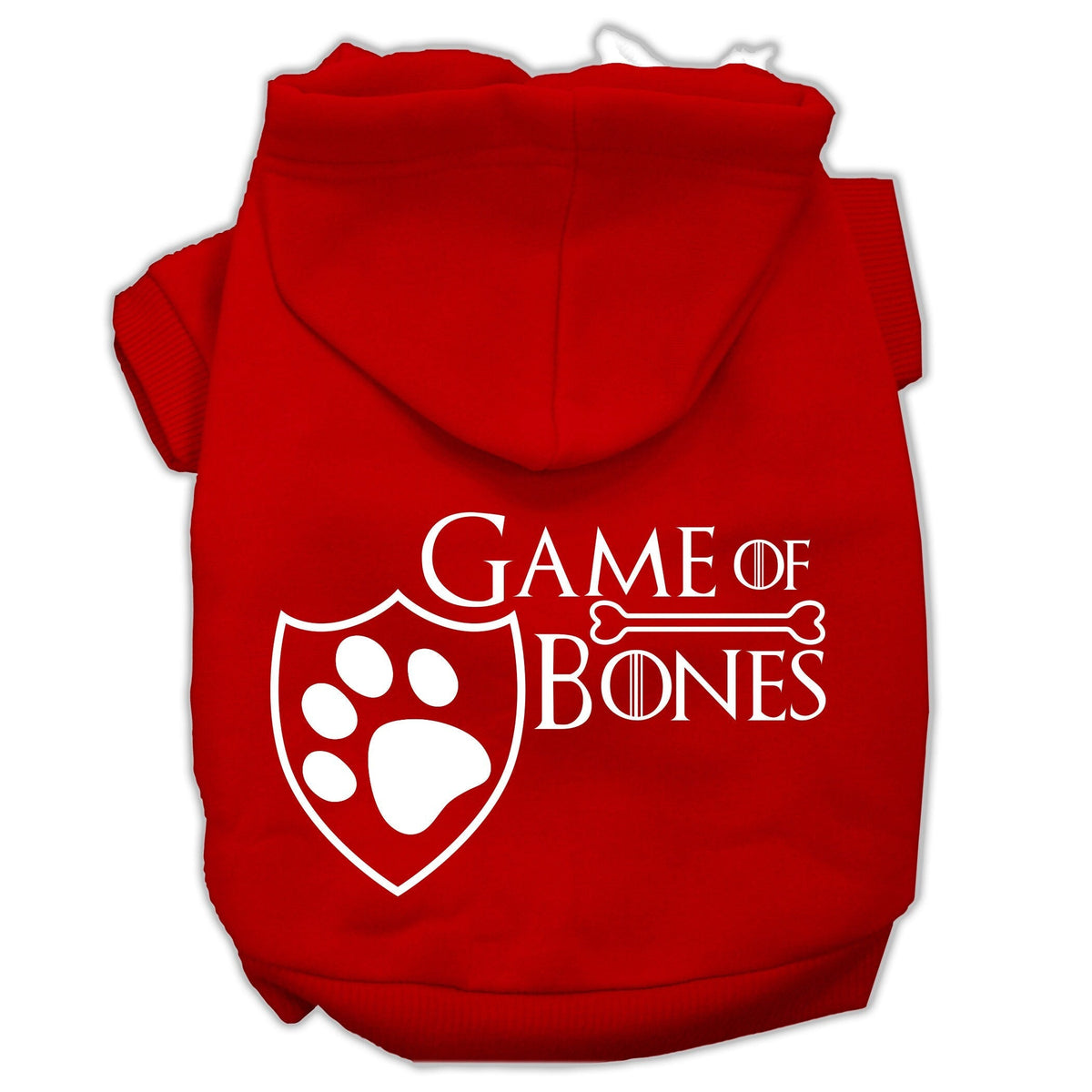 Red pet hoodie with Game of Bones paw shield logo graphic on chest.