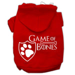 Red pet hoodie with Game of Bones paw shield logo graphic on chest.