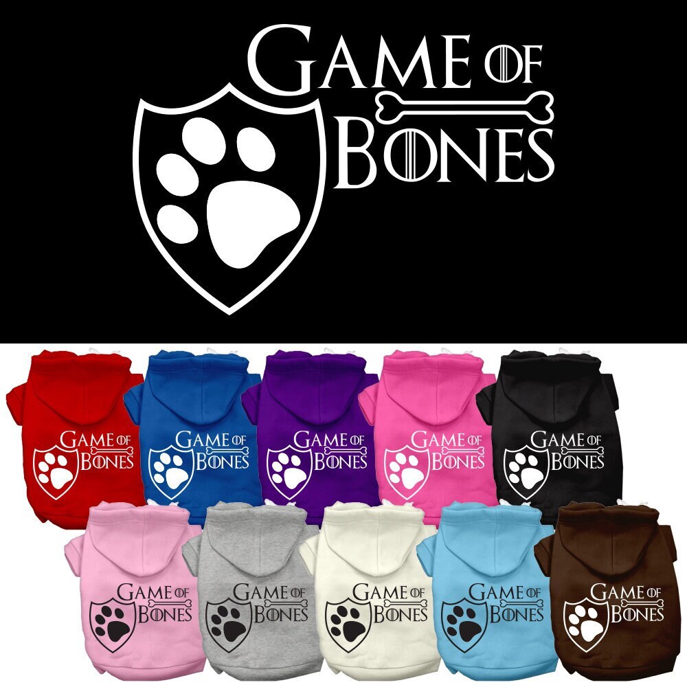 Assorted color pet hoodies with Game of Bones paw shield logo.