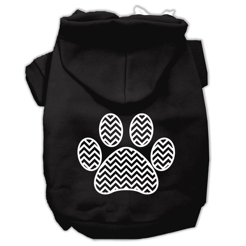 Black pet hoodie with hood and chevron paw print graphic on back
