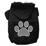 Black pet hoodie with hood and chevron paw print graphic on back