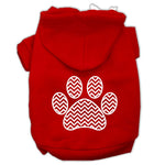 Red pet hoodie with hood and chevron paw print graphic on back