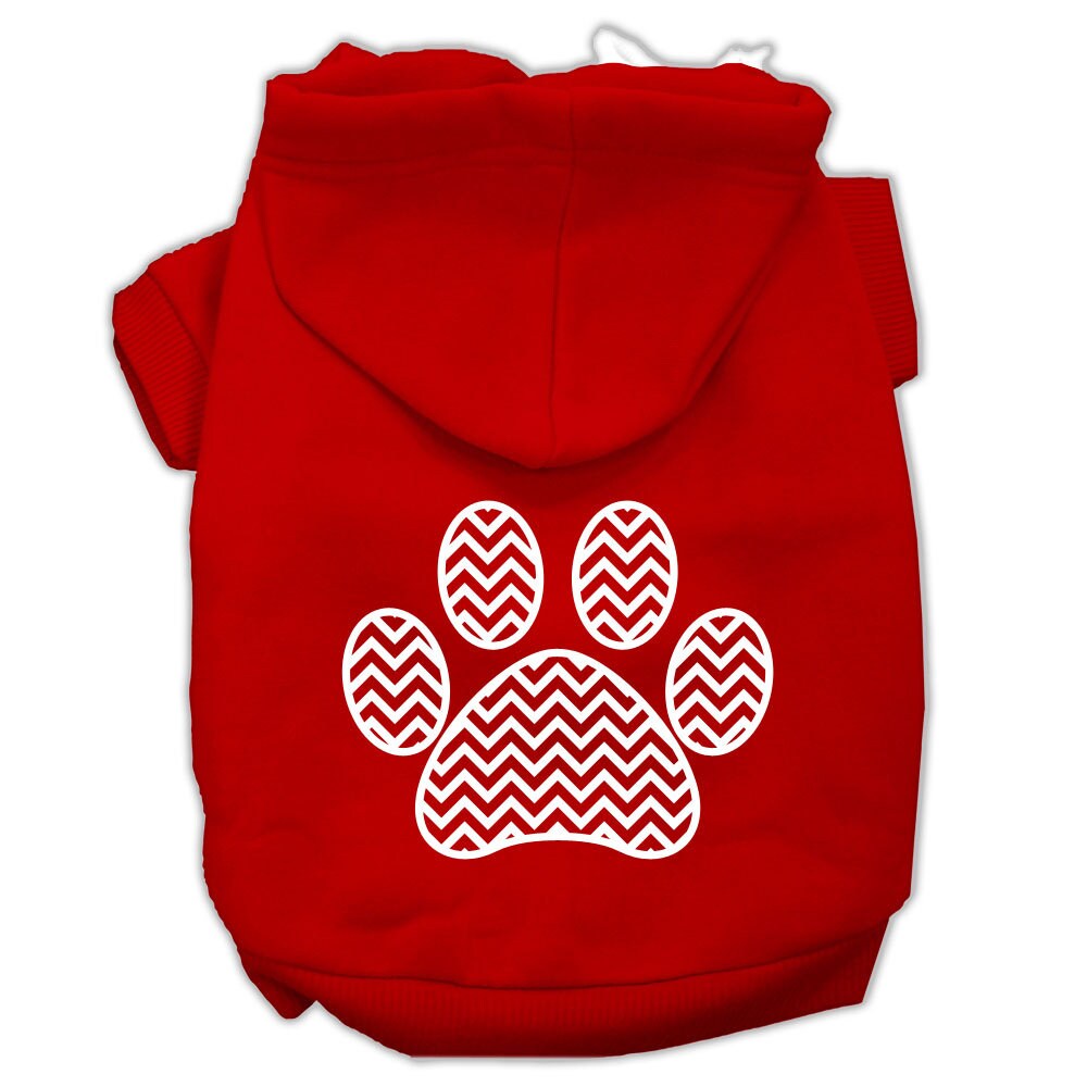 Red pet hoodie with hood and chevron paw print graphic on back