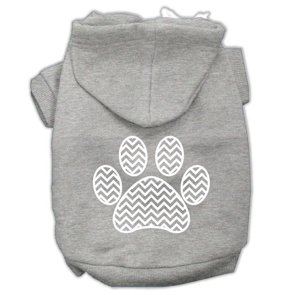 Gray pet hoodie with hood and chevron paw print graphic on back