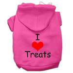 Bright pink pet hoodie with hood, front pocket, “I ♥ Treats” graphic on chest
