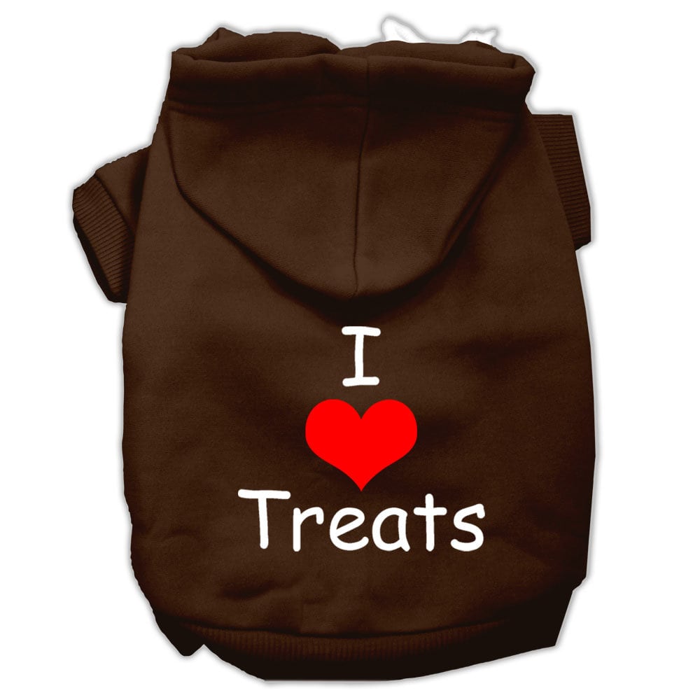 Brown pet hoodie with hood, front pocket, “I ♥ Treats” graphic on chest