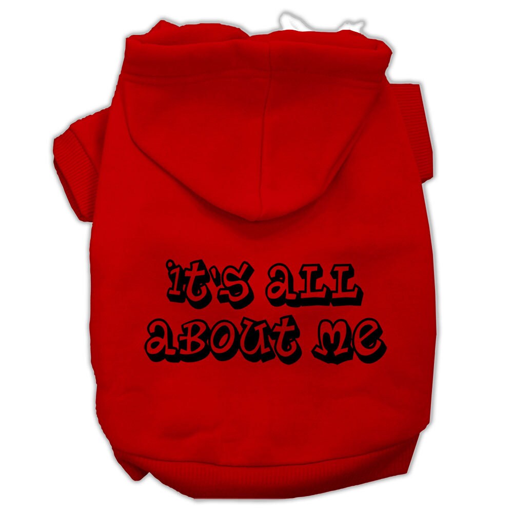 Red pet hoodie with hood and “It’s all about me” text graphic on back