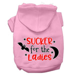 Light pink pet hoodie with front hood and “SUCKER for the Ladies” graphic print