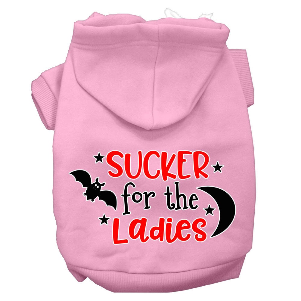 Light pink pet hoodie with front hood and “SUCKER for the Ladies” graphic print
