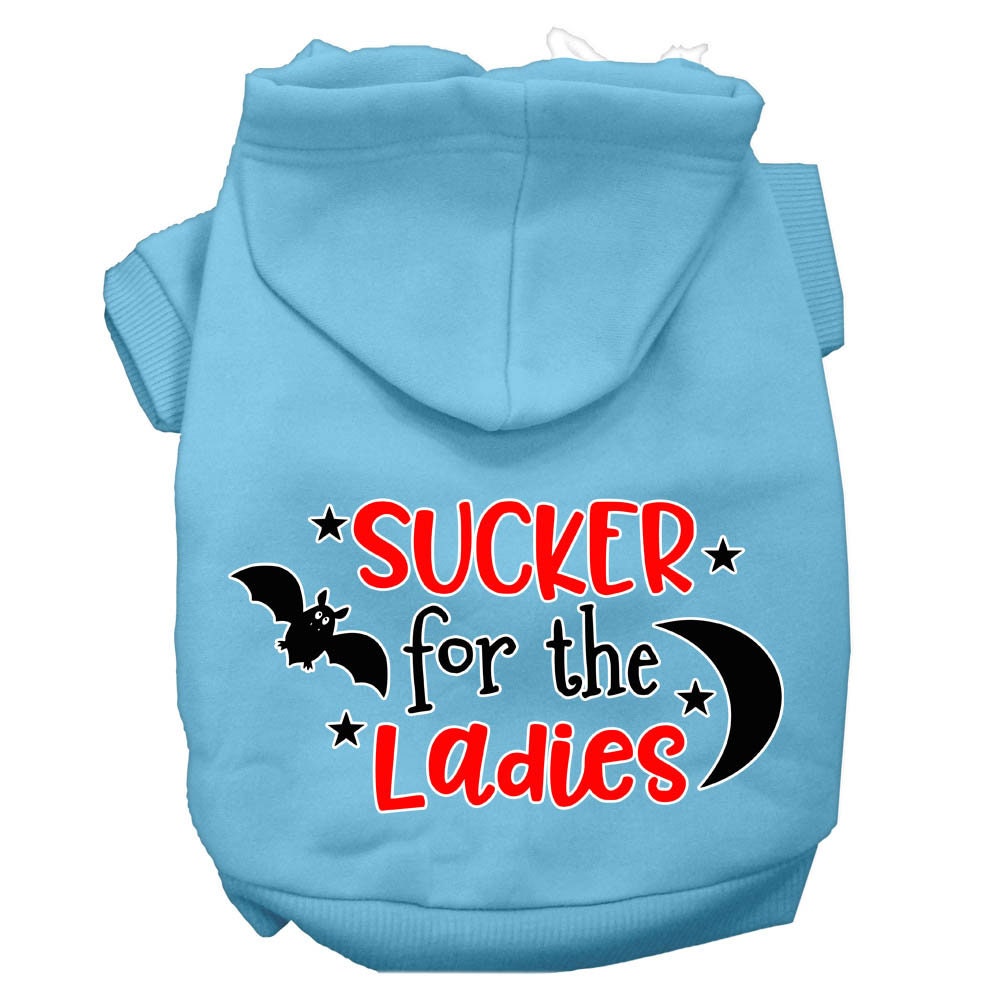 Baby blue pet hoodie with front hood and “SUCKER for the Ladies” graphic print